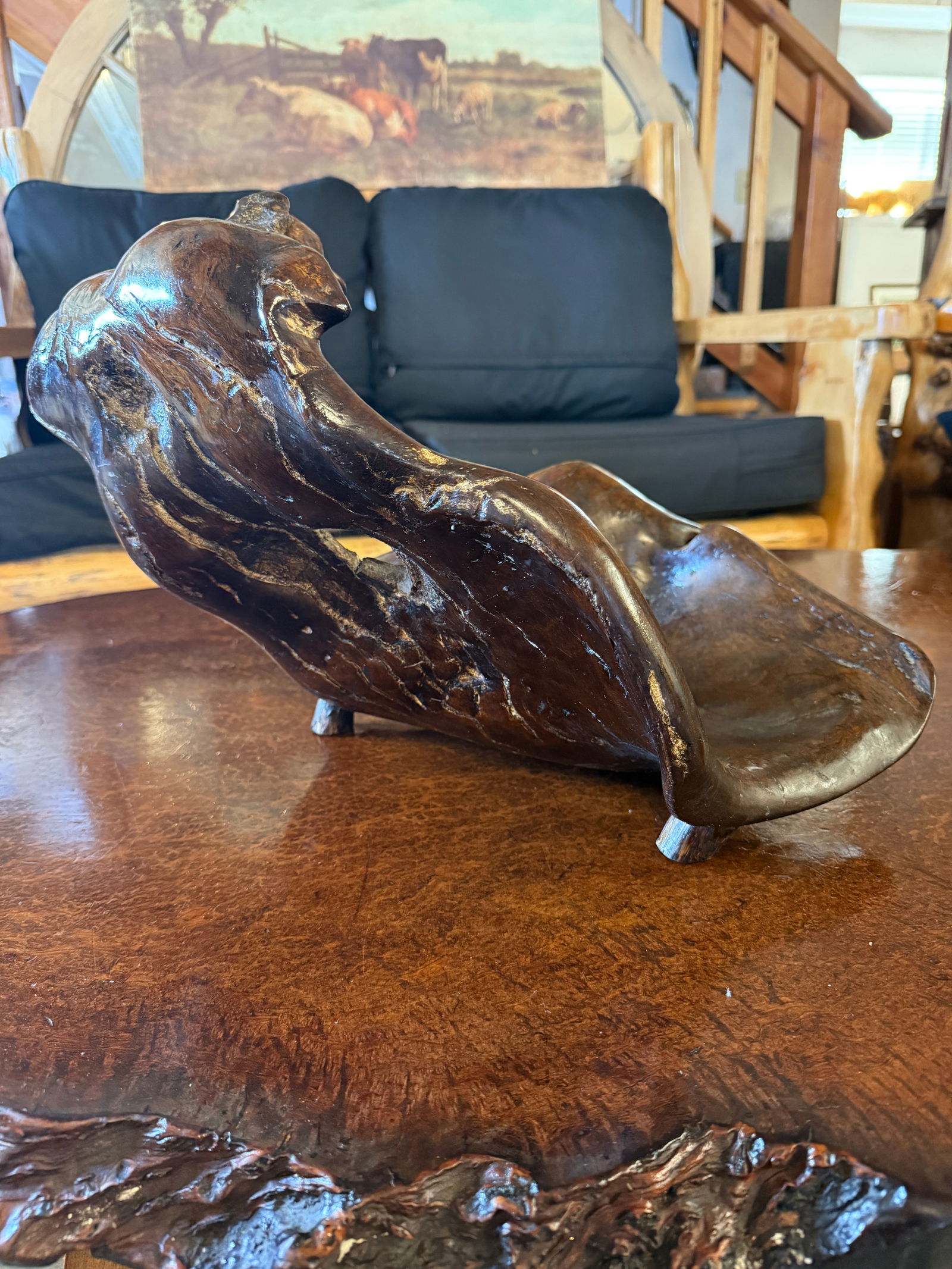 Sculptural Mid Century Large Curly Redwood Bowl Sculpture Coastal California Essence - 5