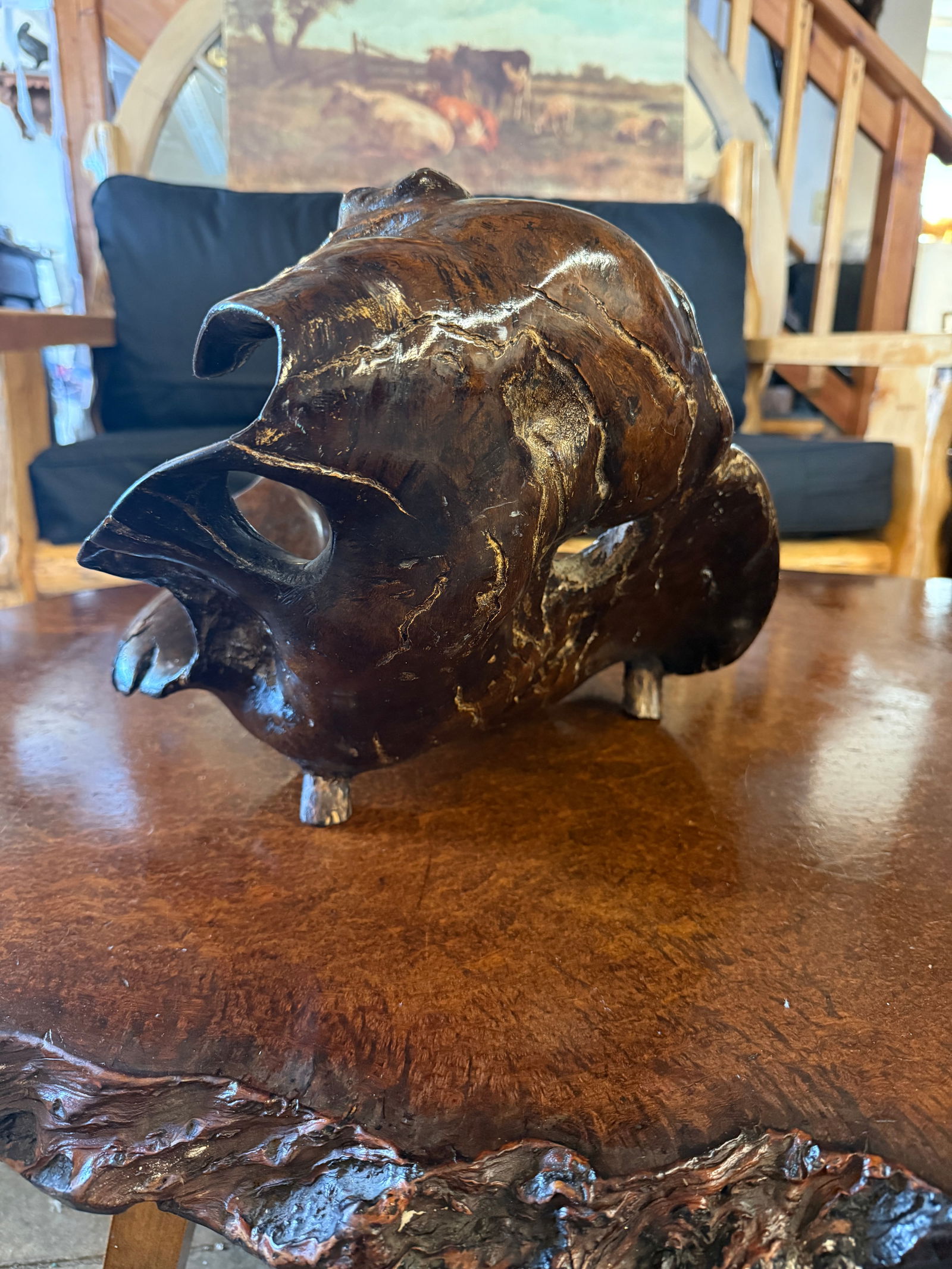 Sculptural Mid Century Large Curly Redwood Bowl Sculpture Coastal California Essence - 8