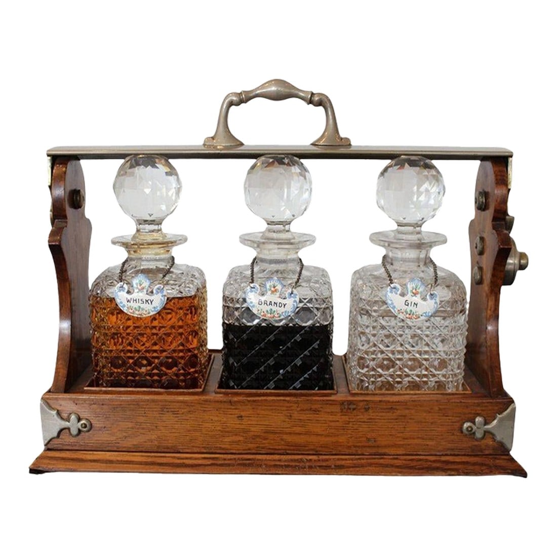 Antique English Oak Tantalus With Three Cut Crystal Decanters, C. Late 1800s (1 of 6)