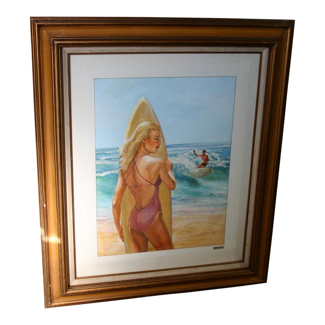 1960s Watercolor - Surfer Girl - Beach Scene: Although there is not a signature on this watercolor, the following information was provided to me when I purchased the artwork. Mr. Richard Price, of San Diego, painted this "Beach Life" picture