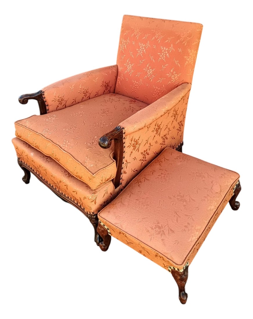 1920s Victorian Carved Walnut Armchair and Ottoman (1 of 12)