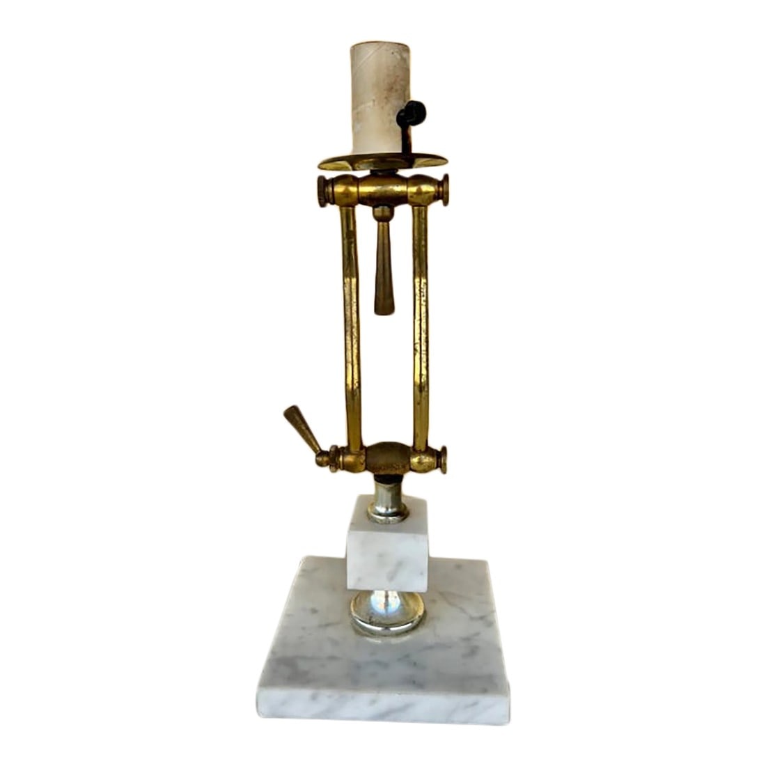Mid Century Marble & Brass Adjustable Lamp: Vintage mid-century modern adjustable desk lamp. Marble marked made in Italian with two adjustable brass handles. Great for adjusting the direction of the light when reading. Condition: