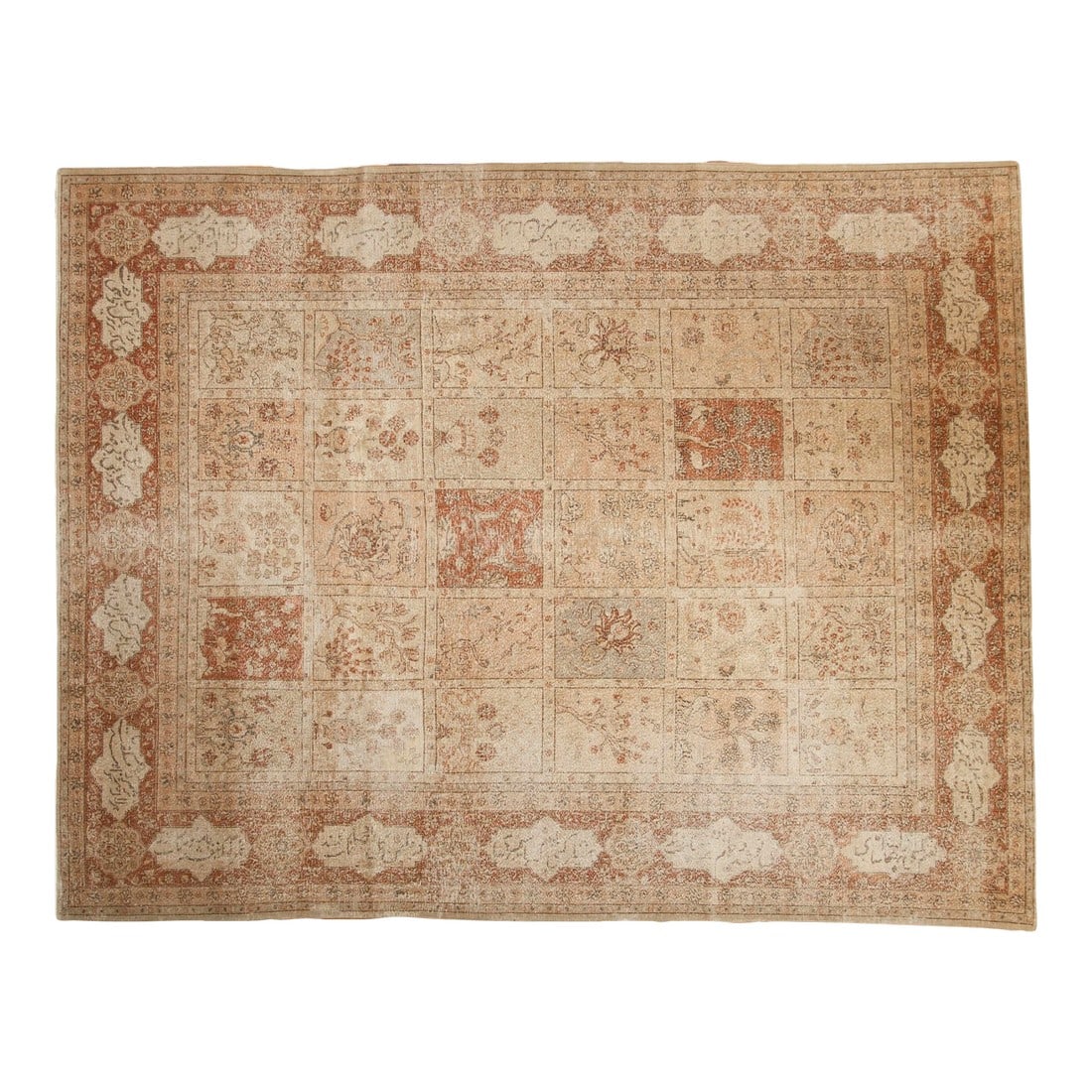8x10.5 Vintage Distressed Tabriz Carpet: :: Gardens of Paradise Four Seasons design motif of multiple panels in columns and rows depicting various trees, shrubs, blossomed plants at various times of year in addition to a few panels showing