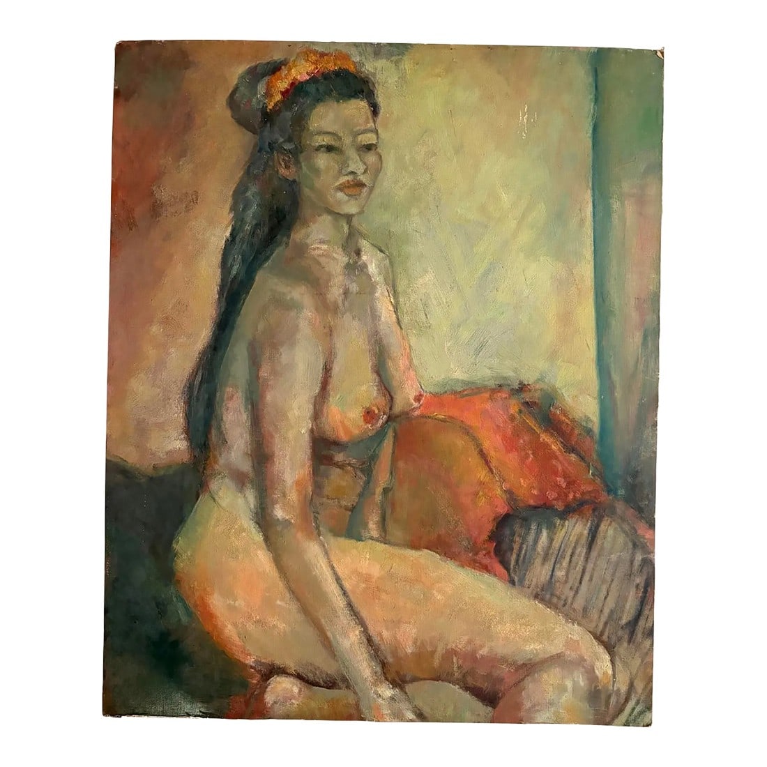 Early 20th Century Nude Women Figure Oil Painting on Canvas - Mounted on Board: Beautifully antique oil painting of a nude woman, seated. The paiting is on canvas that has been mounted on board. The backside depicts the image of another unfinished painted figure. Sadly, this