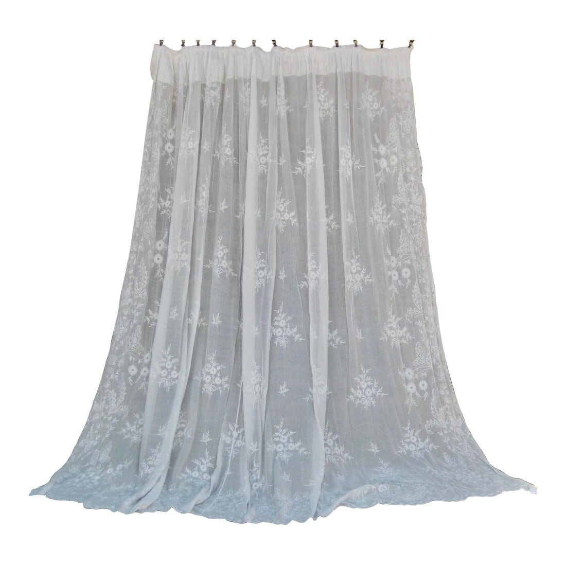 Large Embroidered Napoleon III Sheer Curtains Circa 1850: This large panel is done out of the finest cotton and completely embroidered with the Cornelys stitch that can be compare to the crewel techniques , it present a splendid large and opulent floral