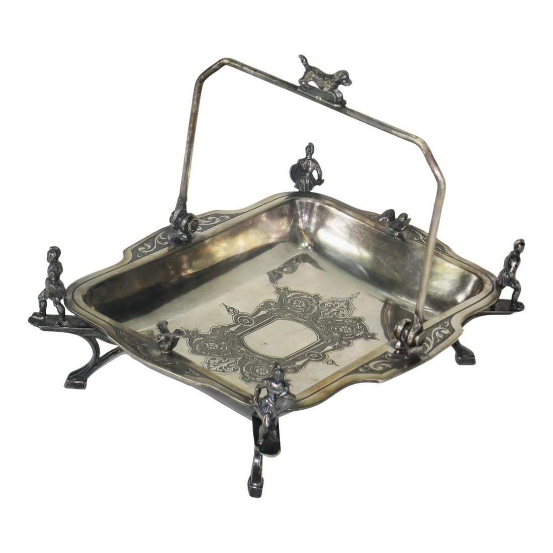 Silver-Plated Cake Basket With Soldiers & Hunt Motifs Wilcox Silverplate Co., Late 19th Century (1 of 18)