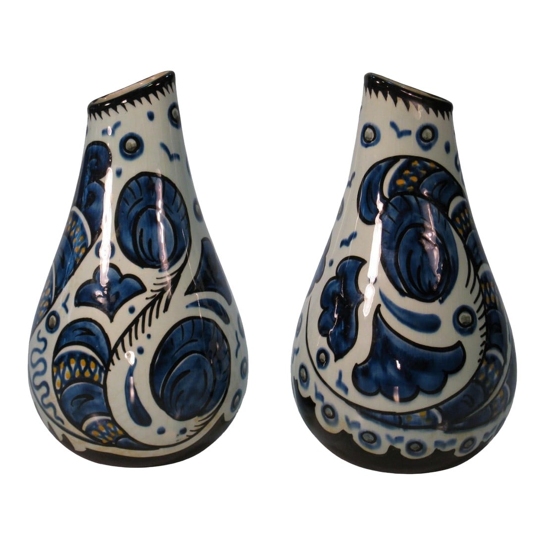 1950s Pair Vases Gouda Pottery Bleu Du Paris, Royal Zuid Holland MCM: This is a gorgeous pair of vases and beautifully graphic! they feature a swirled outsized pattern of traditional faience motifs done in shades of blue, accented with black and golden yellow on a very