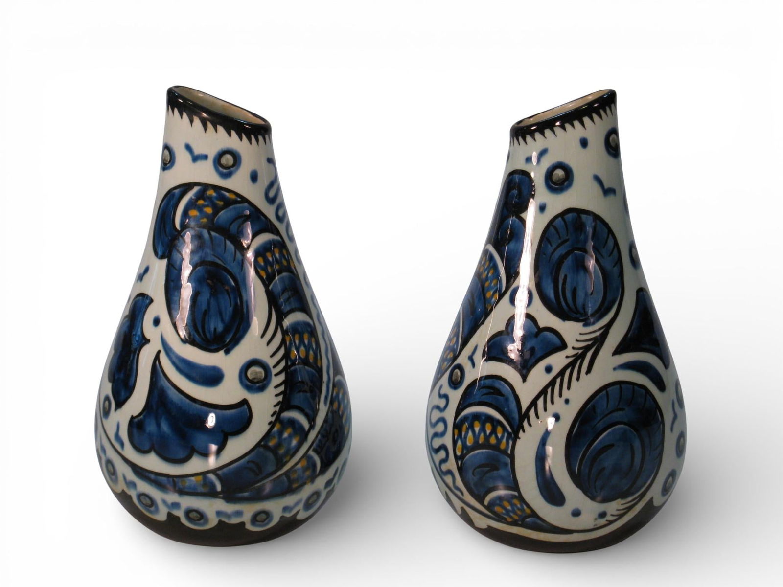 1950s Pair Vases Gouda Pottery Bleu Du Paris, Royal Zuid Holland MCM - 3