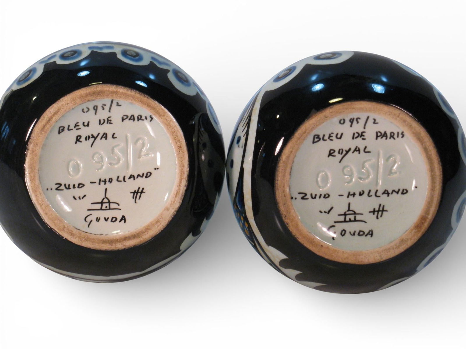 1950s Pair Vases Gouda Pottery Bleu Du Paris, Royal Zuid Holland MCM - 4
