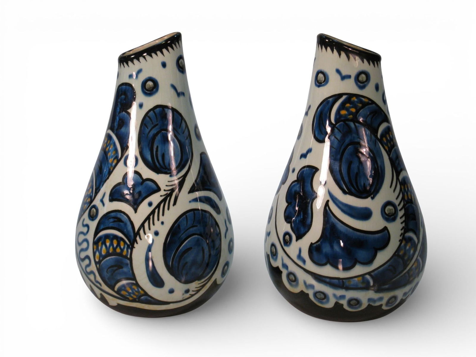 1950s Pair Vases Gouda Pottery Bleu Du Paris, Royal Zuid Holland MCM - 6