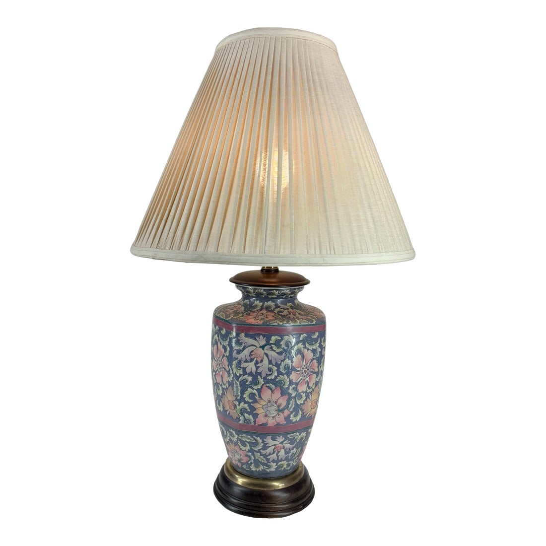 Vintage Frederick Cooper Hand Painted Floral Chinoiserie Lamp, With: Original F. C. Shade.: Vintage Chinese porcelain table lamp featuring an eclectic motif in rich hues of Blue, Pink, Turquoise and White. The lamp has a lath turned wooden base with brass ring and wooden vase cap. Brass
