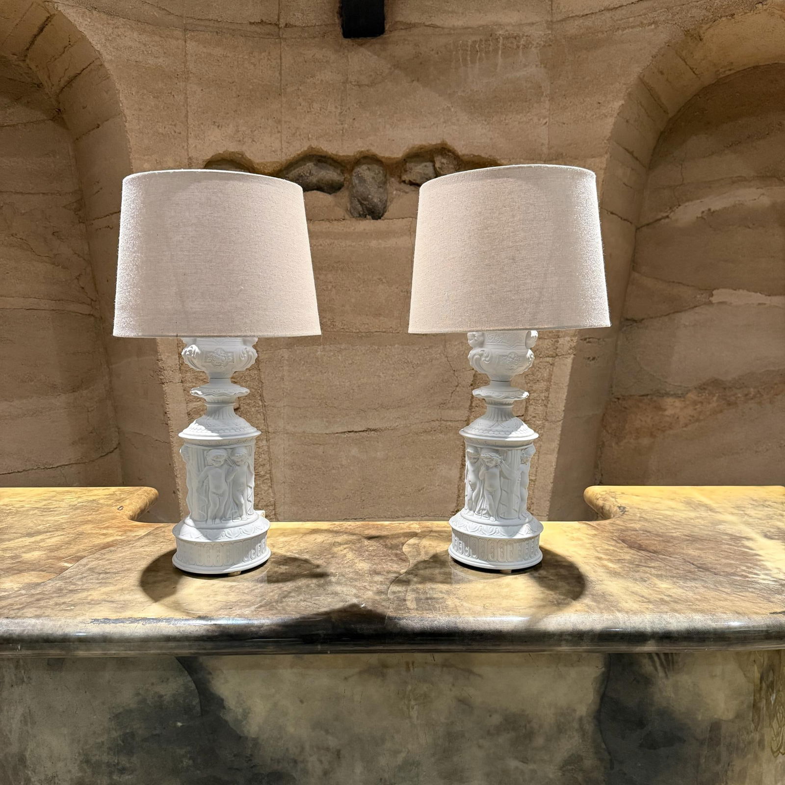 Pair of Dresden Bisque Porcelain Cherub Table Lamps Neoclassical Germany - 2