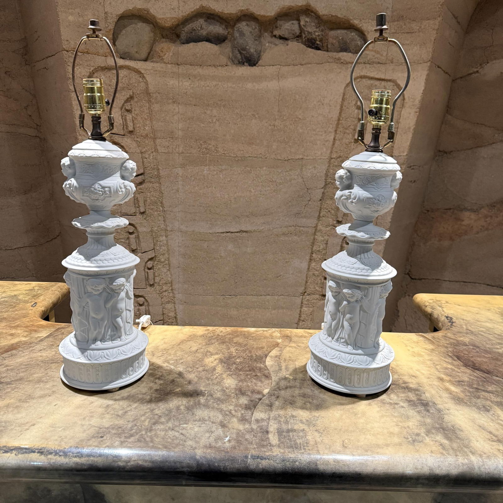 Pair of Dresden Bisque Porcelain Cherub Table Lamps Neoclassical Germany - 5