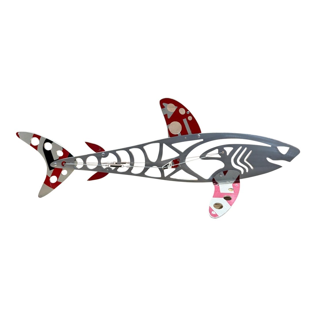 Maco Shark Aluminum Industrial Sculpture One of Kind Signed Modern: For your consideration, This is a metal maco shark sculpture. It is a one-of-a-kind, hand-crafted art piece, likely made from aluminum. (Upcycled material). Signed Thrasher, Trippworkx, J Gregson.