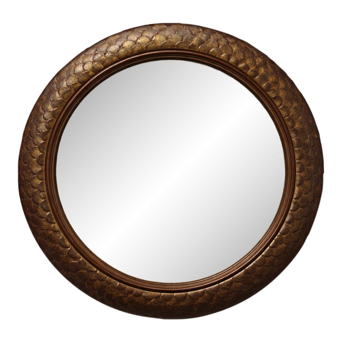 Italian Art Deco Style "Fish Scale" Giltwood Mirror C. 1937: A dramatic and sculptural round wall mirror of exceptional decorative presence, featuring a deeply molded giltwood frame carved in an overlapping "scale" pattern that reads as both fish-scale and