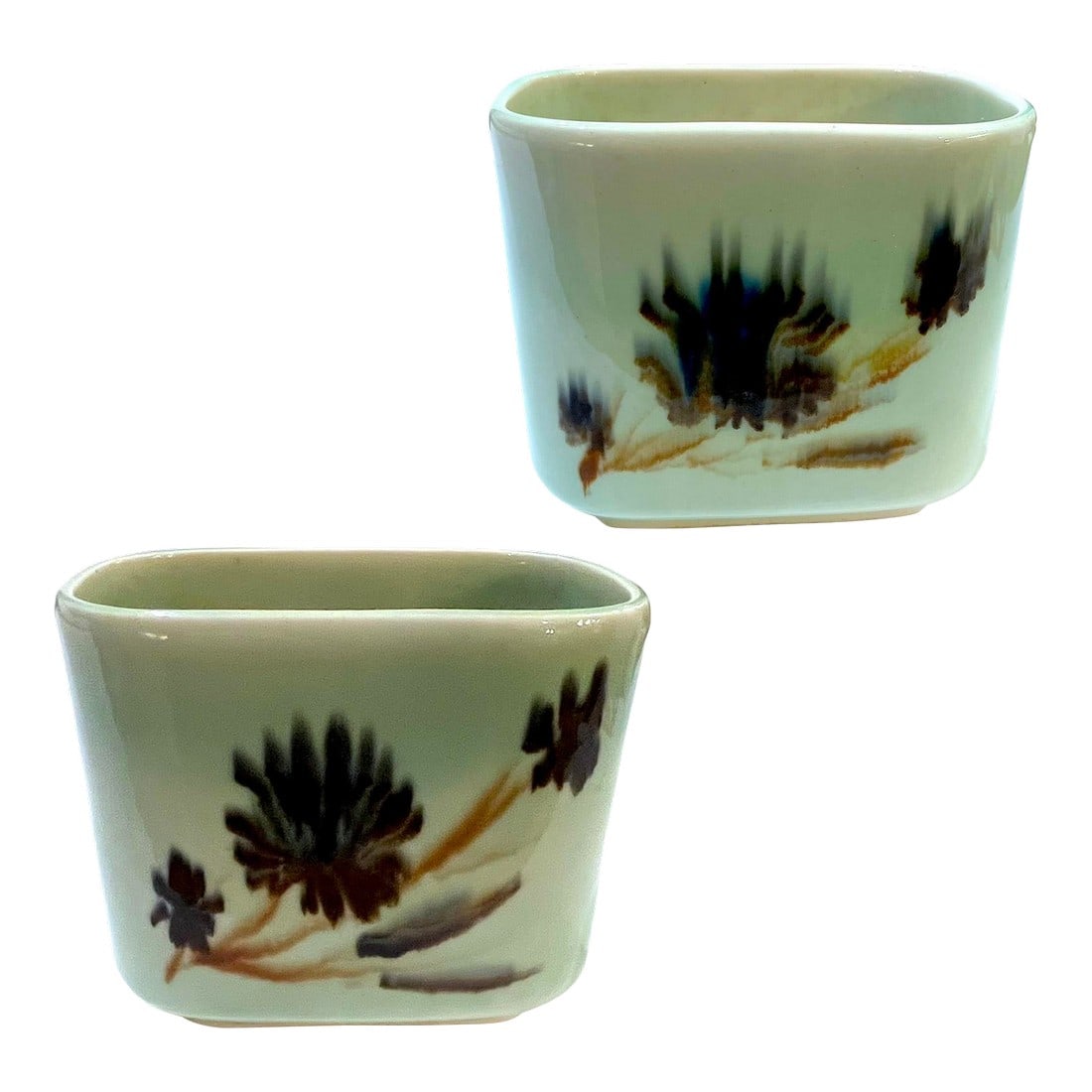 Mid 20th Century Modern Porcelain Cachepot Pair by F. Joseph Von Tury: This rare pair of matching rectangular cachepot were created by Francis Joseph Vontury - one of the twentieth century's master potters. Hand built porcelain with hand-decorated with a blue and brown