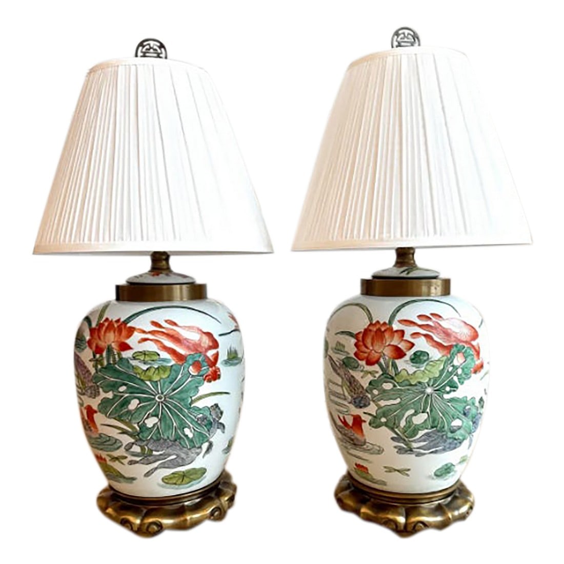 Pair of Vintage Maitland-Smith Hand-Painted Porcelain Table Lamps, Brass Base, 1985 (1 of 7)