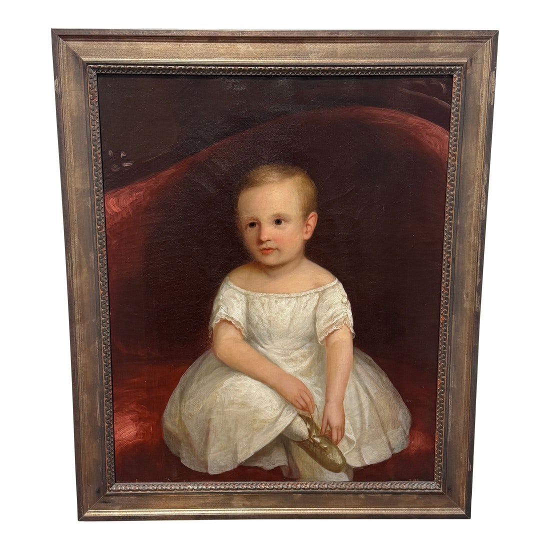 American Folk Art Portrait of a Young Child Holding a Slipper, C. 1830–1850 (1 of 12)