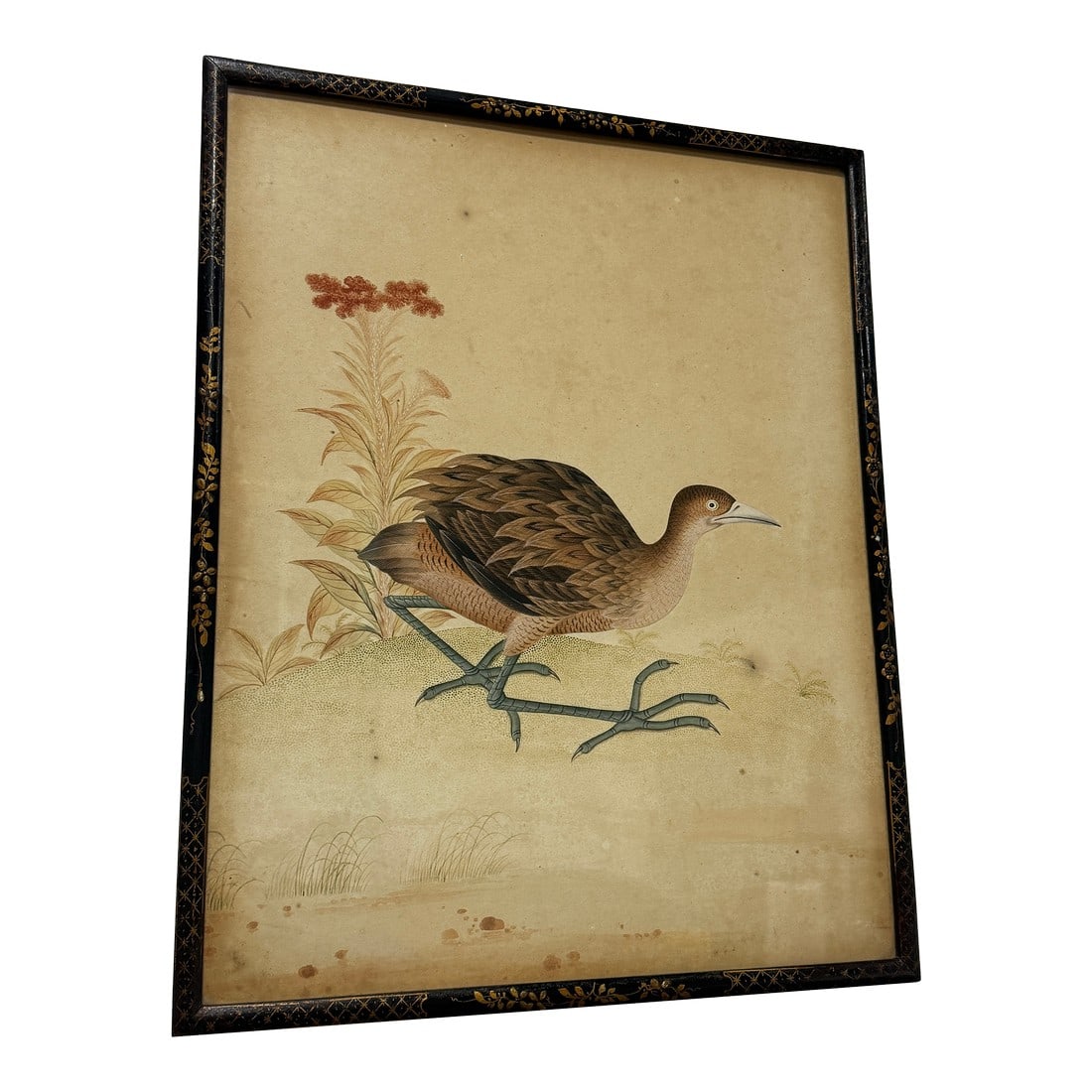 Fine Quality Chinese School Watercolor of a Marsh Bird, Circa 1800: Chinese School Watercolor Of A Marsh Bird, Circa 1800 This finely observed Chinese School watercolor depicts a long-legged marsh bird presented in profile within a spare, atmospheric landscape.