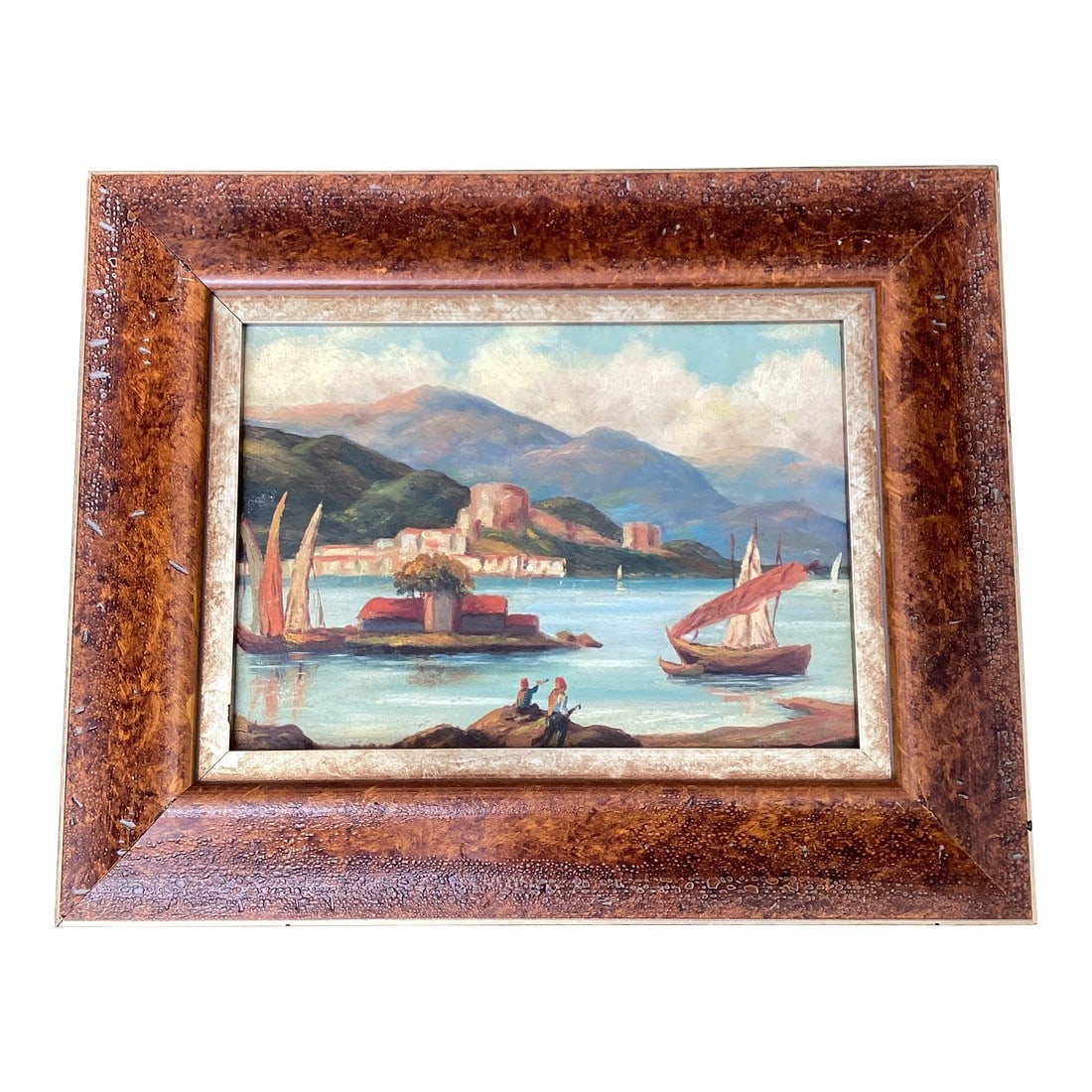 Vintage European Landscape Painting Oil on Board Framed: Vintage European Coastal Landscape Painting on Board Atmospheric vintage coastal landscape depicting sailboats and shoreline architecture in soft, painterly tones. Painted on board and set in a