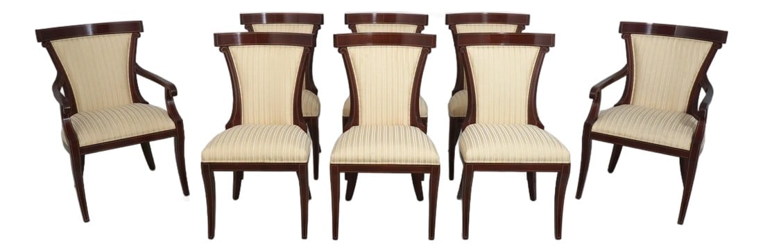 Set of 8 John Widdicomb Neoclassical Klismos Dining Room Chairs: Age: Approx: 25 Years Old Details: Klismos Style High Quality Construction Gold Striping Details Neoclassical Design Mahogany Finish Condition: Excellent Original Finish & Condition Some Soiling To