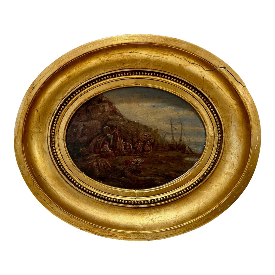 Antique Oval Oil Painting Coastal Genre Scene Gilt Wood Frame 19th Century (1 of 8)