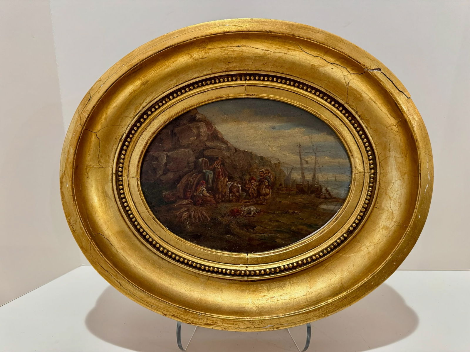 Antique Oval Oil Painting Coastal Genre Scene Gilt Wood Frame 19th Century - 2