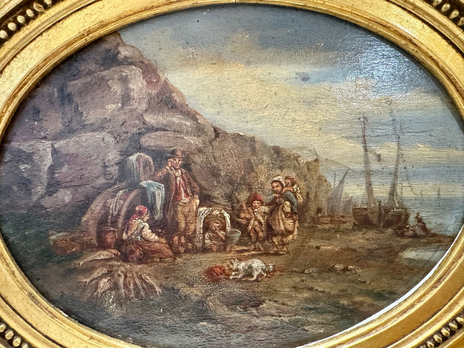 Antique Oval Oil Painting Coastal Genre Scene Gilt Wood Frame 19th Century - 3