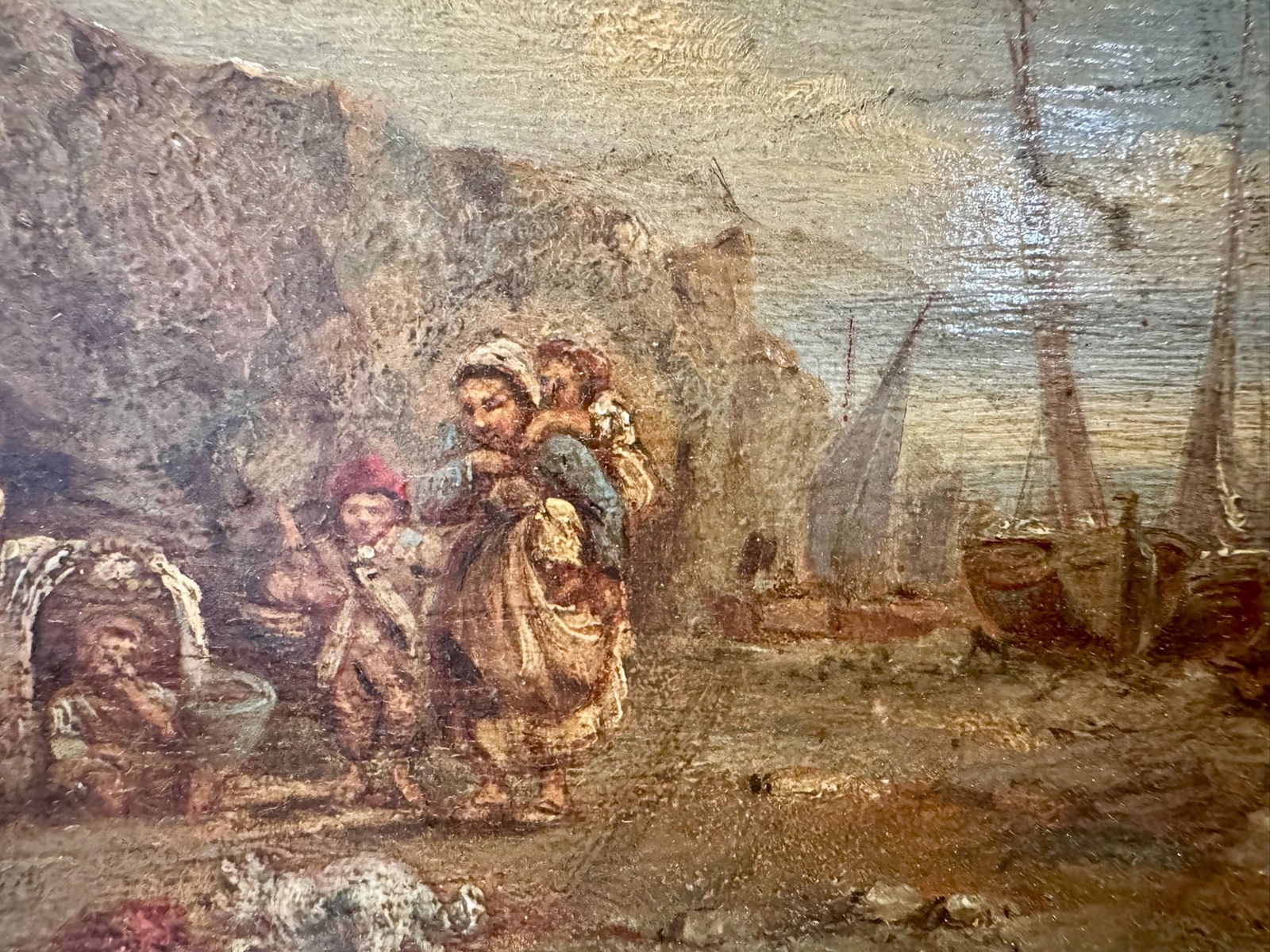 Antique Oval Oil Painting Coastal Genre Scene Gilt Wood Frame 19th Century - 4