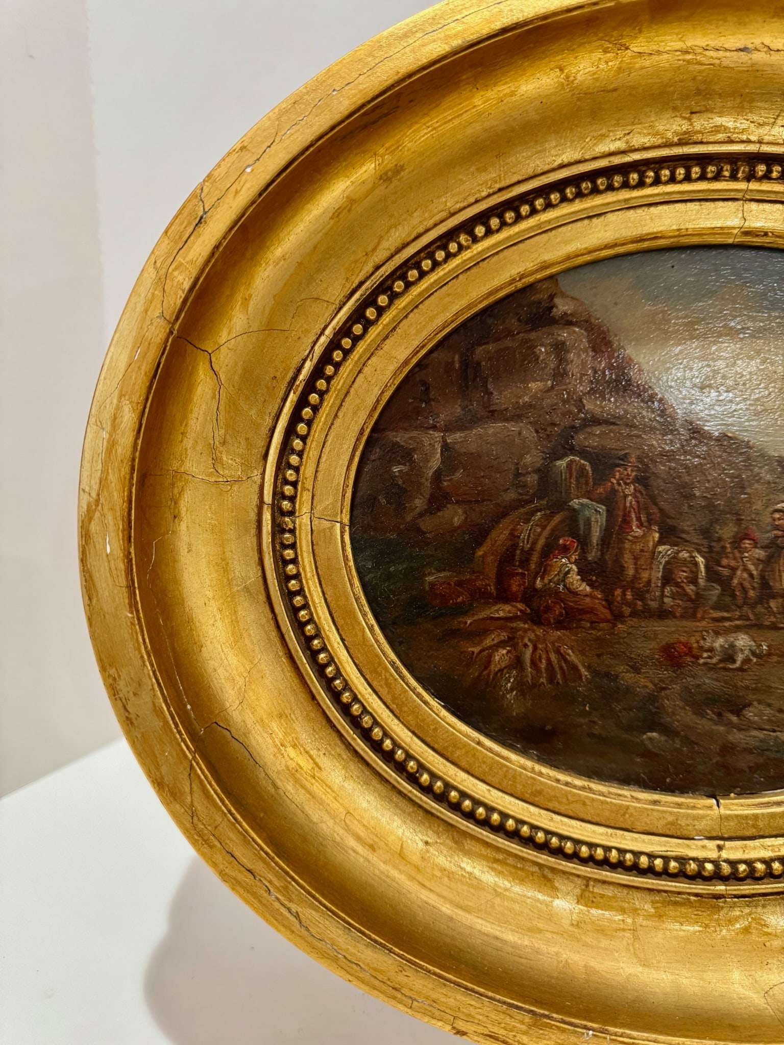 Antique Oval Oil Painting Coastal Genre Scene Gilt Wood Frame 19th Century - 6