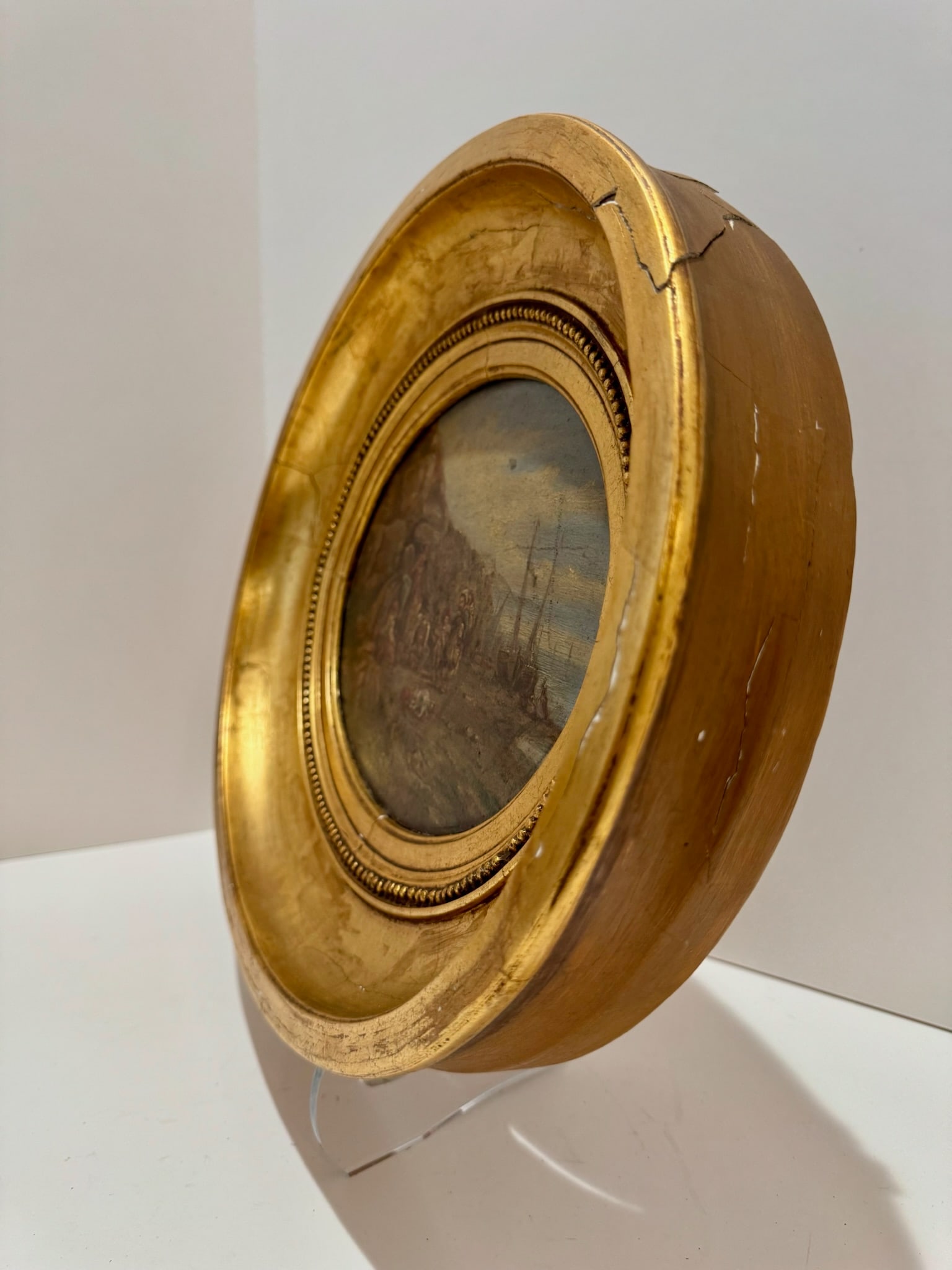 Antique Oval Oil Painting Coastal Genre Scene Gilt Wood Frame 19th Century - 7