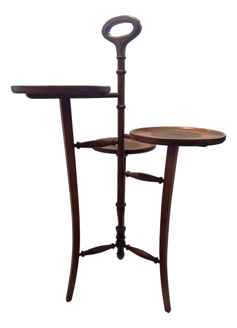 Antique Brandt Furniture Solid Cherry Dessert Stand Tiered Tea Cake Table: Antique solid cherry dessert stand by Brandt Furniture, Hagerstown, Maryland, marked "Ant. Cherry" with original Brandt label (since 1901). This early 20th-century piece was designed for cake, dessert