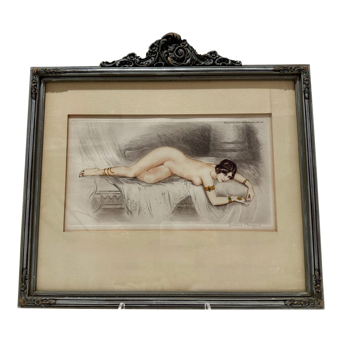 Vintage 1930 French Signed Lithograph Gustave Brisgand Nude Reclining Woman Framed: Vintage French erotic art print by Gustave Brisgand, published in Paris circa 1930 by Ducher et Mathieu (35 Boulevard des Capucines). The