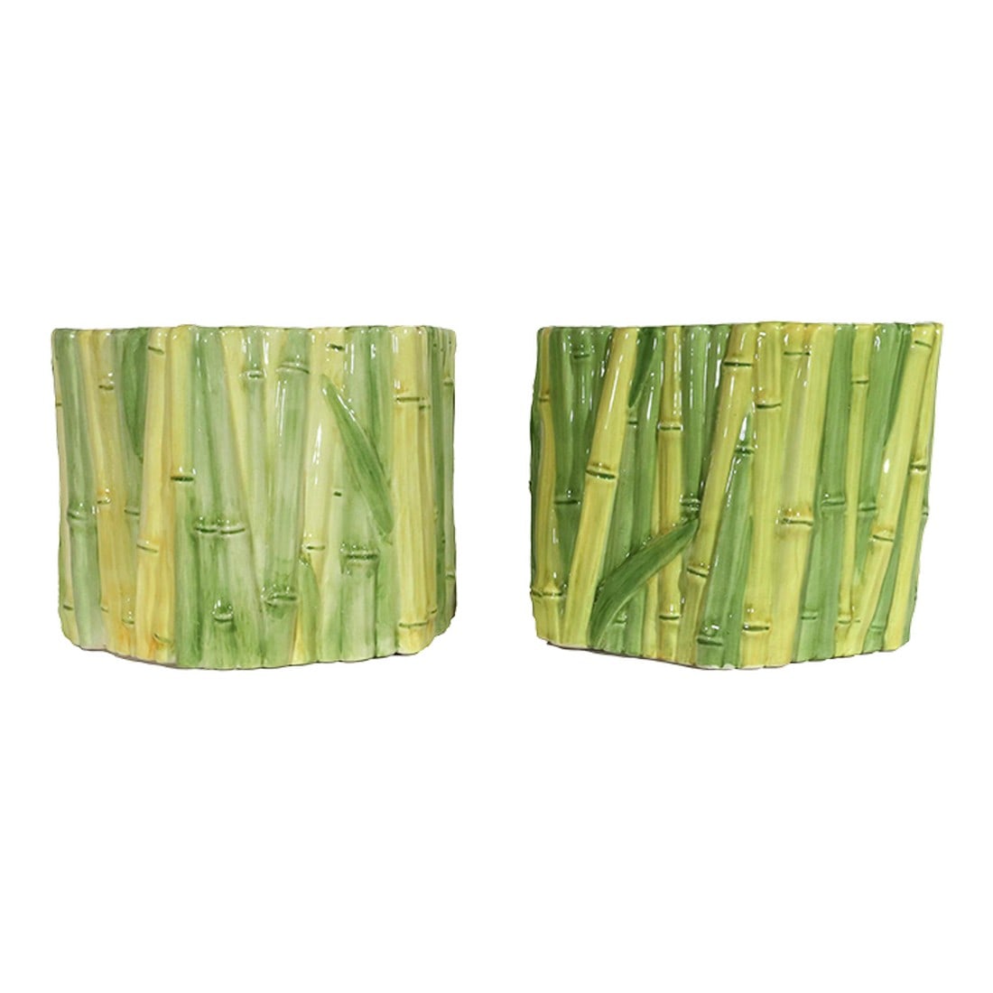 Italian Hollywood Regency Faux Bamboo Ceramic Cachepots- A Pair: Hollywood Regency Chic: Pair of Italian Vintage Faux Bamboo Ceramic Cachepots, Circa 1960s A pair of stylish and highly decorative vintage Italian ceramic cachepots (planters), dating to the height