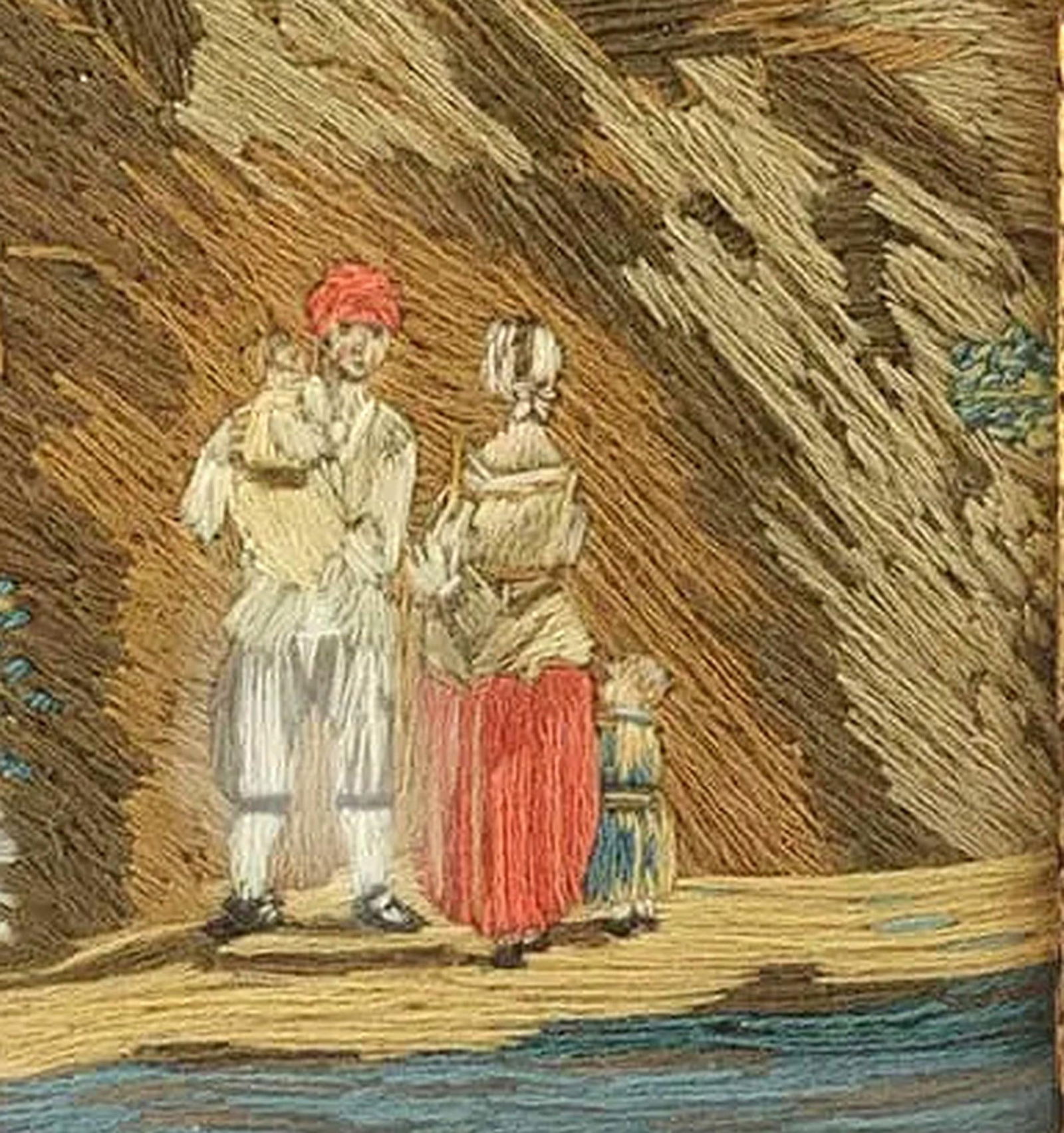 British Woolwork of a Family of Man, Wife and Child on the Seashore With Ship in Bay - 3