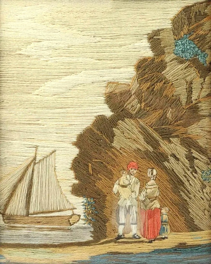 British Woolwork of a Family of Man, Wife and Child on the Seashore With Ship in Bay - 5