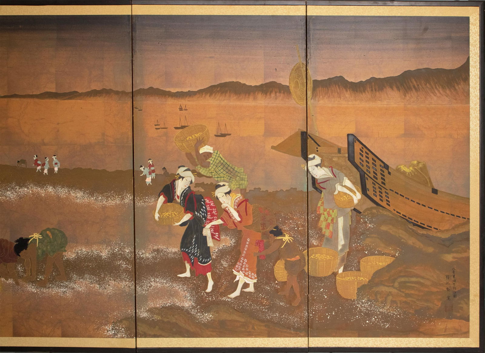 After Hokusai "View of Gathering Shellfish at Low Tie", ShÅwa Era Japanese Byobu Screen - 3