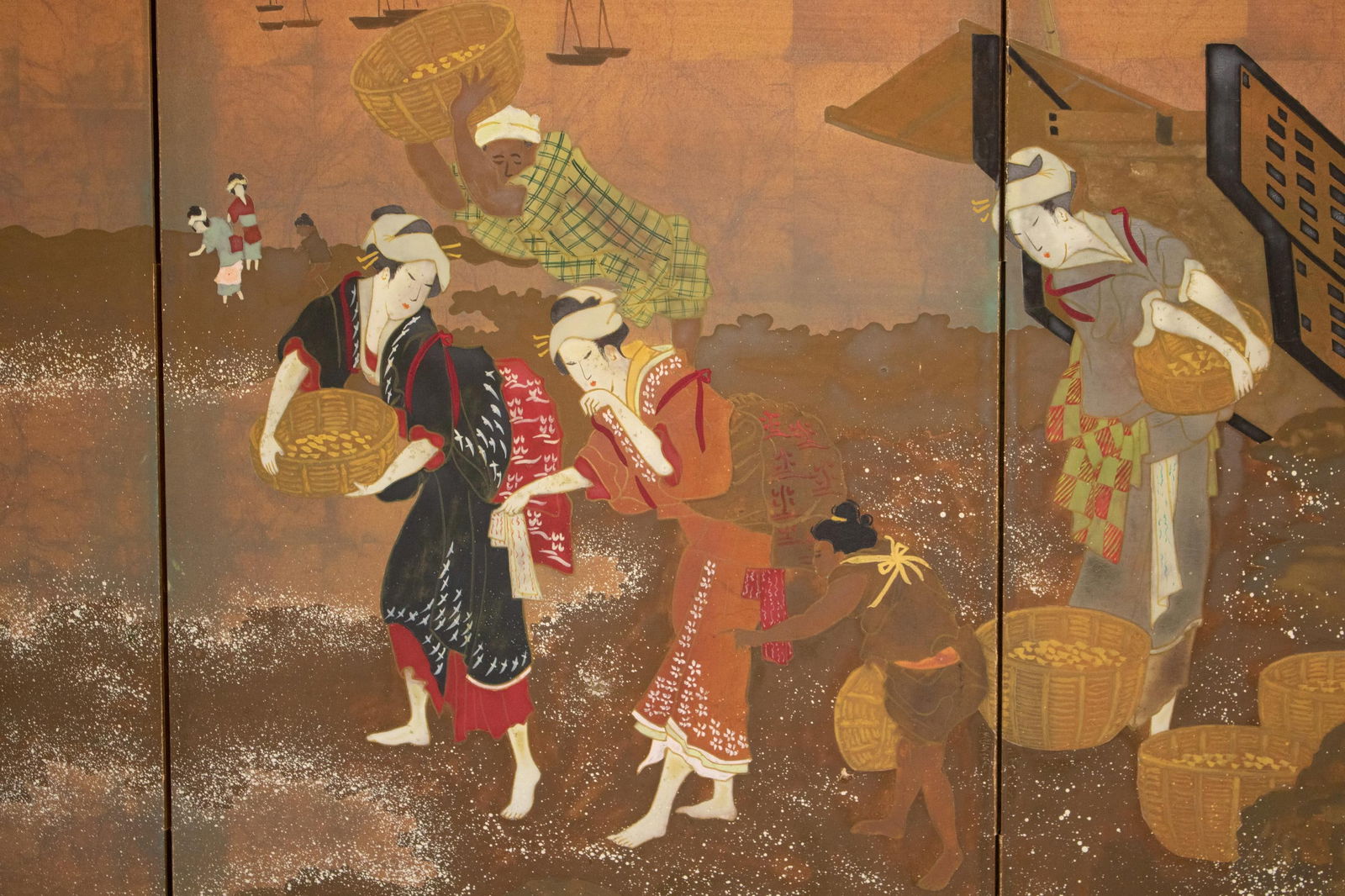 After Hokusai "View of Gathering Shellfish at Low Tie", ShÅwa Era Japanese Byobu Screen - 4