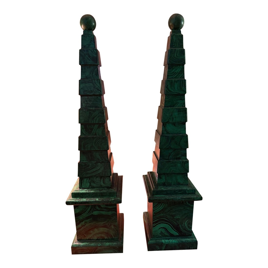 Obelisks Pair With Orb Finial Painted in Faux Malachite. A Pair Neoclassical (1 of 9)