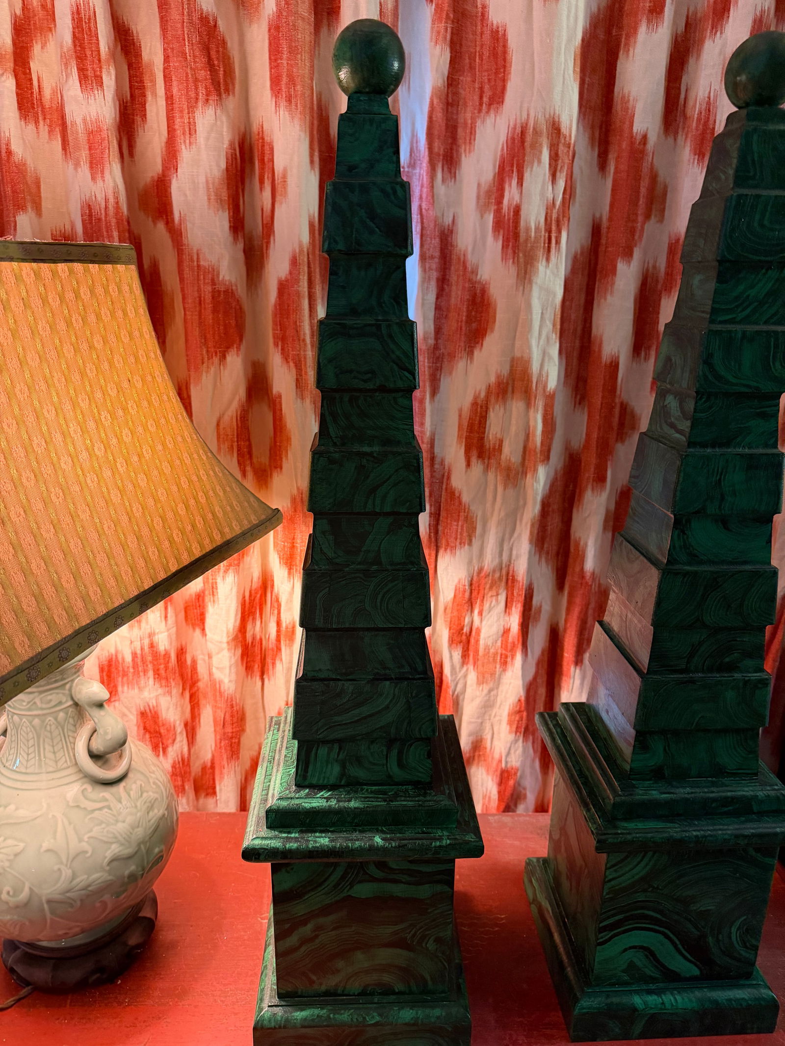 Obelisks Pair With Orb Finial Painted in Faux Malachite. A Pair Neoclassical - 4