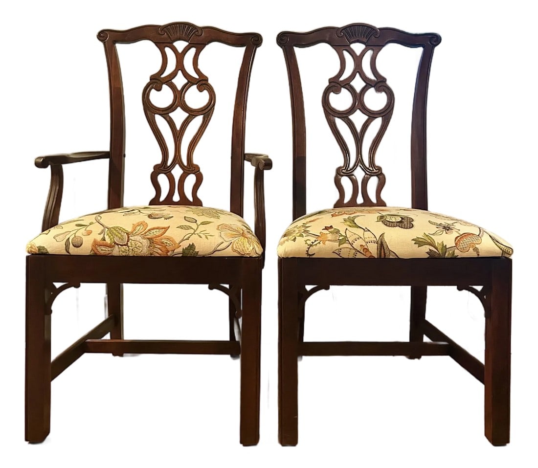 Vintage Thomasville Chippendale Side Chairs With Botanical Linen Upholstery - A Pair (1 of 12)
