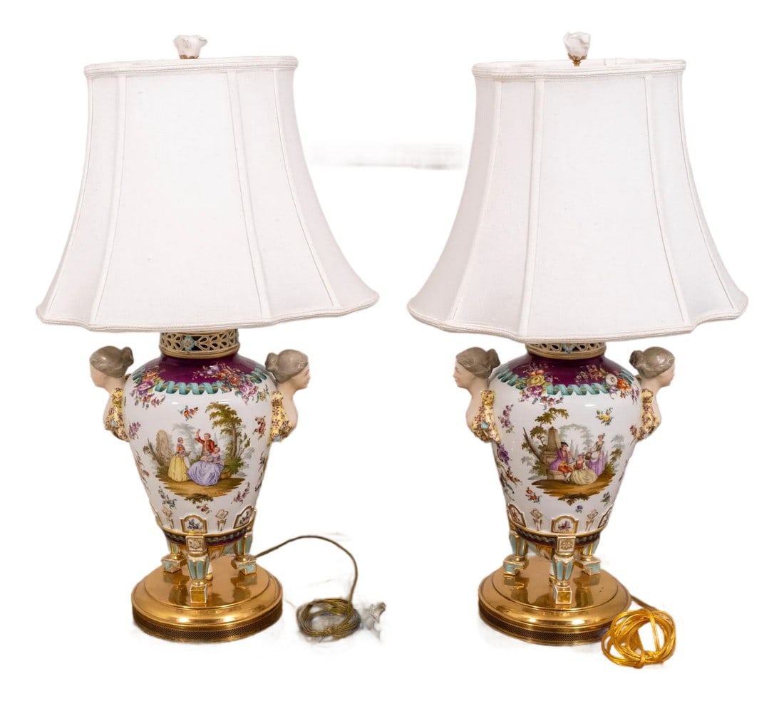 1950s Pair of Dresden Style Urn-Shaped Hand Gilt Porcelain Table Lamps (1 of 18)