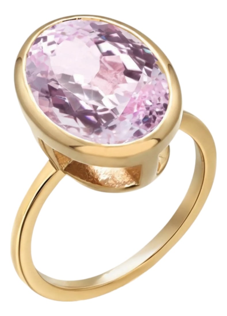 14k Yellow Gold Bezel Set Kunzite Solitaire Ring Weighing 8.56 Carats, Size 6: Make a bold and ethereal statement with this 14K Yellow Gold Bezel Set Kunzite Solitaire Ring, showcasing a striking 14x12mm kunzite gemstone weighing an impressive 8.56 carats. The cushion-cut stone