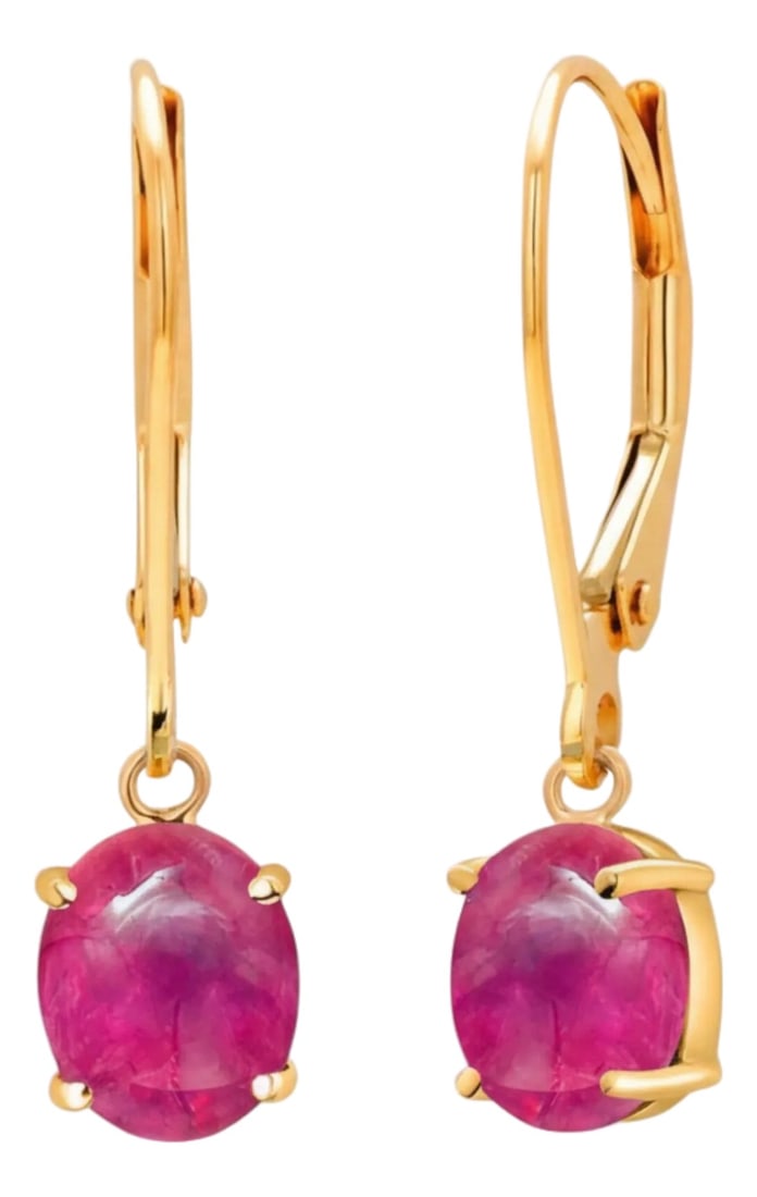 14k Yellow Gold Lever Back Earrings With Matched Cabochon Rubies 2.50 Carats, A Pair: Infuse your daily style with a bold yet timeless touch of luxury. These newly crafted 14K Yellow Gold Lever Back Earrings feature two perfectly matched cabochon rubies weighing a combined 2.50