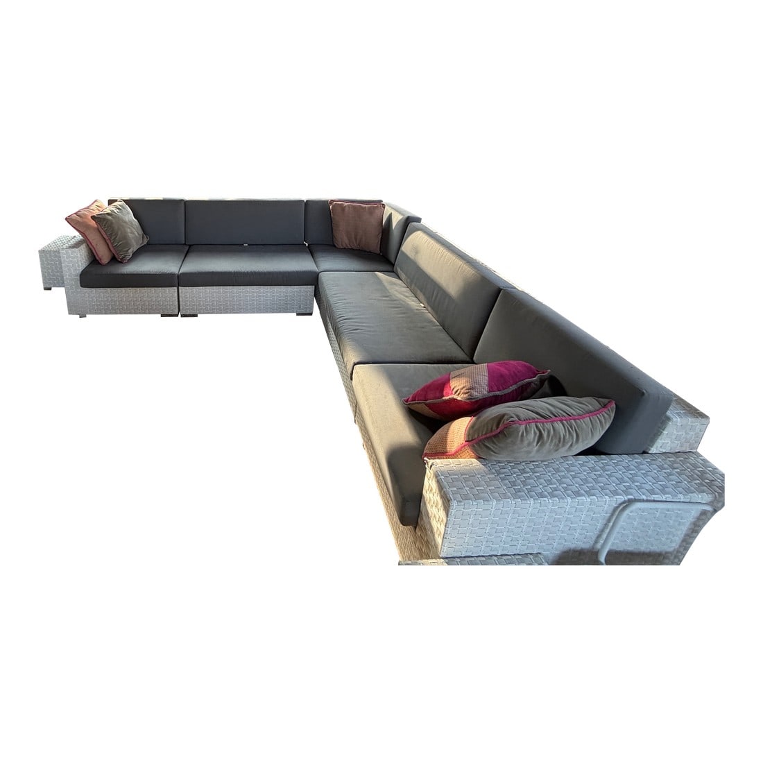 Janus Et Cie Sectional: JANUS et Cie Sectional Exceptional porch or outdoor sectional. Originally sold for over 25000 with cushions. We are listing ours at a fraction due to a move and some imperfections. The