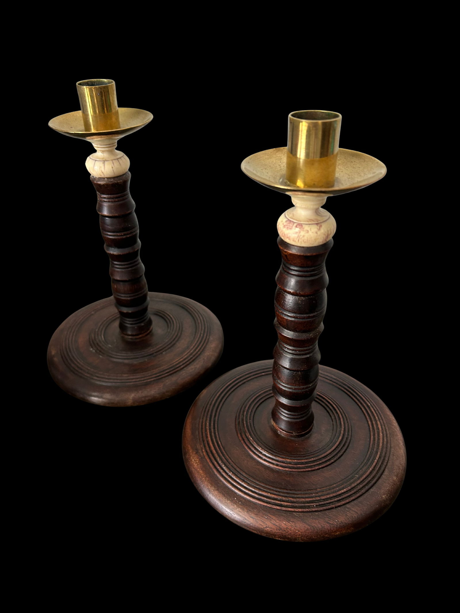 Pair of Antique English Oak Barley Twist Candlesticks With Brass Bobeches, Victorian C. 1890 - 2