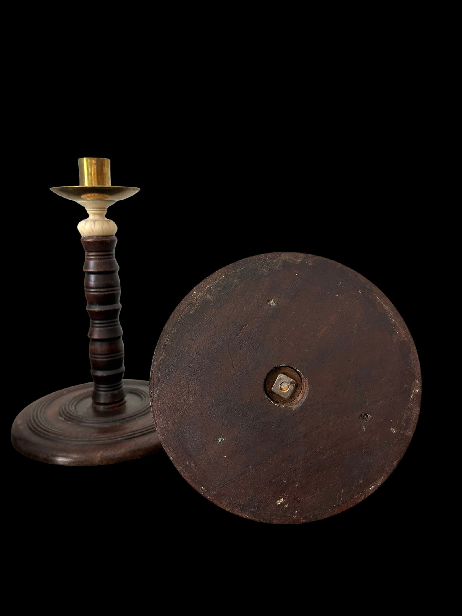 Pair of Antique English Oak Barley Twist Candlesticks With Brass Bobeches, Victorian C. 1890 - 8