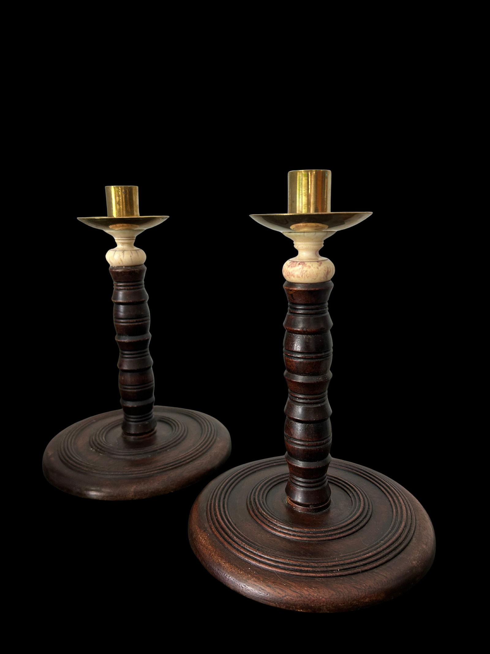 Pair of Antique English Oak Barley Twist Candlesticks With Brass Bobeches, Victorian C. 1890 - 9