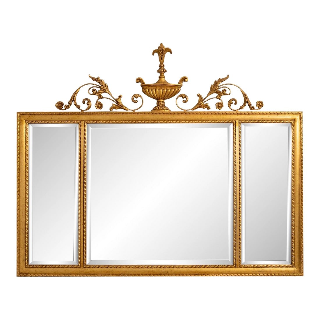 Labarge Federal Style Urn Top Gold Finish Mirror: Age: Approx: 20 Years Old Details: Beveled Glass Federal Style Ornate Scrolled Top Nice Urn Top 3 Panel Mirror Traditional Style Condition: Excellent Original Finish & Condition Size: 52w x 2d x