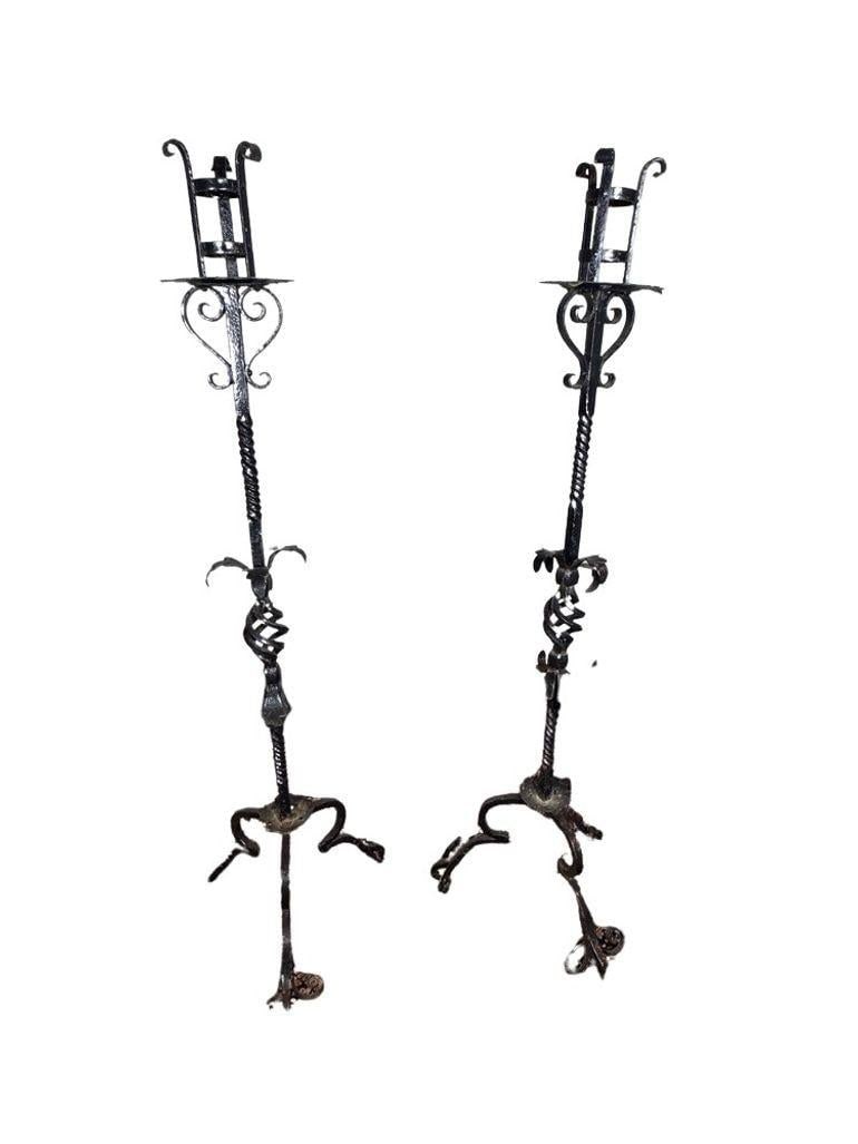 Antique Wrought Iron Floor Candelabras - Holds One Pillar Candle - Set of 2 - 7